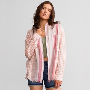 BKE Frayed Flannel Shirt Women's Size Small Melon Pink Plaid/Striped Boyfriend